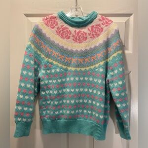 Vintage Fair Isle Pastel Heart Bow Sweater Grandmacore Cabin Cottage  - Size M